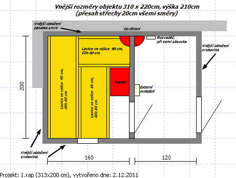 modřínových terasových čtverců, položena na naimpregnovaných hranolech cca 8cm nad zemí Lavice šíře 60cm, opěrky 4 dílné šikmé, podlahový rošt, mezilavicová opěrka, kryt kamen vše vyrobeno z