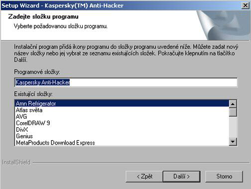 16 Kaspersky Anti-Hacker Krok 5. Vložení názvu programové skupiny do nabídky Start\Programy Definujte název složky v dialogovém okně Výběr programové složky (viz obr.