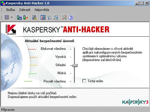 30 Kaspersky Anti-Hacker 5.3. Hlavní okno Poté co je program spuštěn, objeví se hlavní okno programu (viz obr. 14).