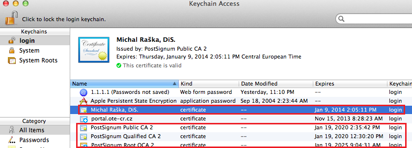 A dále nainstalujte Vás certifikát PostSignum Budete vyzváni pro zadání hesla k certifikátu.