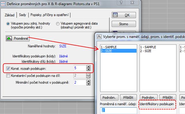 Dalším krokem je volba proměnné. Kromě samotného parametru je nutné zvolit identifikaci skupiny. Zde máme konstantní velikost skupin, stačí proto do příslušné části dialogu uvést číslo 5.