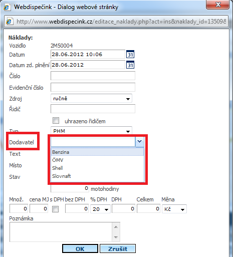 NOVINKA VÝBĚR DODAVATELE V NÁKLADECH Novinka výběr dodavatele v Nákladech Pokud zapisujete náklady do WEBDISPEČINKU ručně, můžete nyní zadat u jednotlivých položek i dodavatele.
