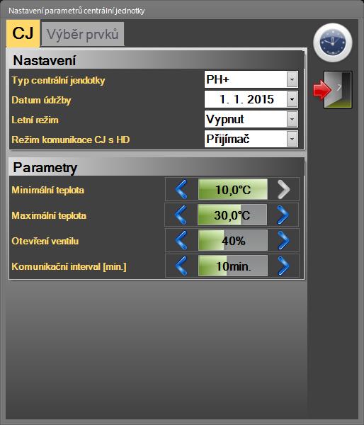 Nastavení parametrů centrální jednotky Home Control Nastavení: - volba typu regulace CJ PH+ nebo PH- - datum údržby kotle nastavení data pravidelné údržby kotle - zapnutí letního režimu - režim