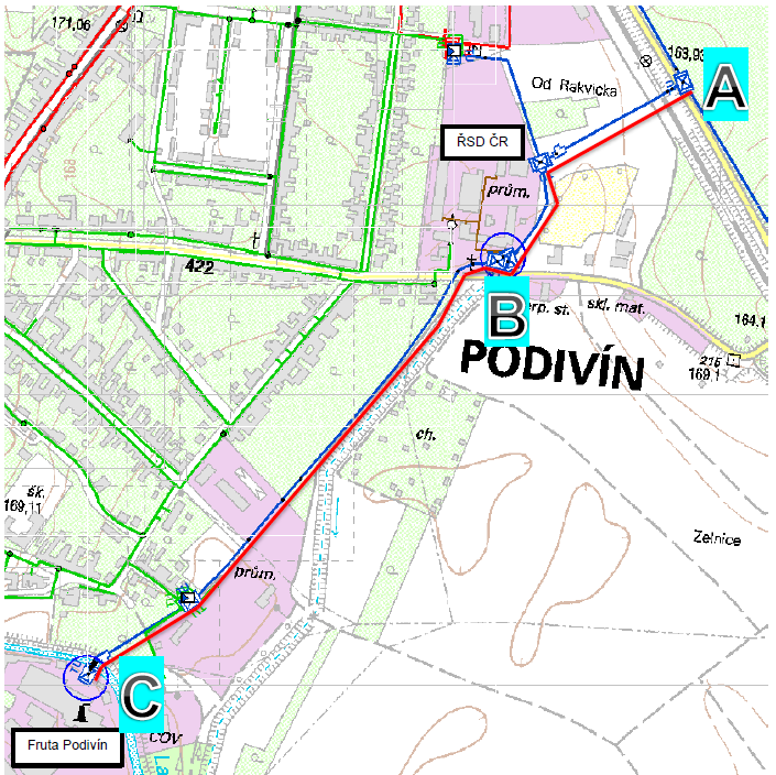 ROZVOJ DS - Změna připojení OM z VTL na STL Situace REKO VTL Podivín Návrh řešení Úsek A - B dojde k rekonstrukci VTL plynovodu v původní trase OM 1 Úsek B - C bude VTL