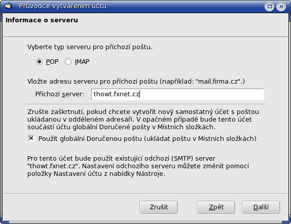 Obrázek 4 Nový účet - Identita 5.1.3 Informace o serveru V okně Informace o serveru vybírá uživatel typ serveru pro příchozí poštu POP, IMAP (viz Obrázek 5 Nový účet Informace o serveru).
