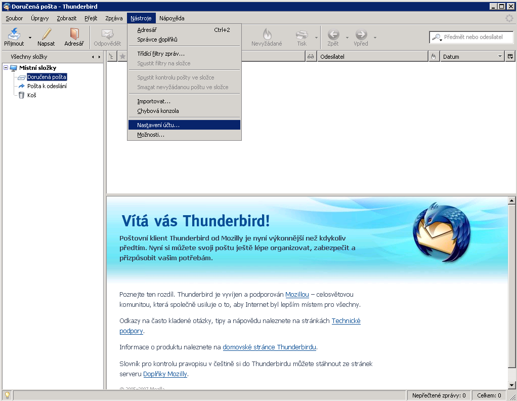 Obrázek 12 Nastavení účtu Thunderbird Windows Obrázek 13 Nastavení Thunderbird Místní složky 5.2.1 Automatický podpis K používání podpisu zpráv je potřeba mít vytvořený soubor s textem podpisu (viz Obrázek 14 Soubor s podpisem).