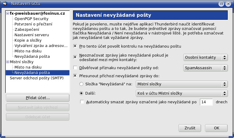 Obrázek 39 Nevyžádaná pošta Obrázek 40 Nevyžádaná pošta rozšířené nastavení 5.2.12 Server odchozí pošty (SMTP) Volbou Úpravy (Nástroje) Nastavení účtu je otevřeno okno Nastavení účtu.