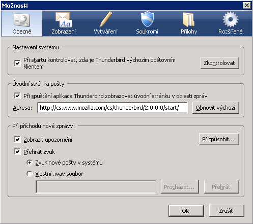 5.3 Předvolby/Možnosti Nastavení předvoleb se spustí volbou Úpravy Předvolby (viz Obrázek 44 Předvolby Thunderbird Linux) v Linuxu.