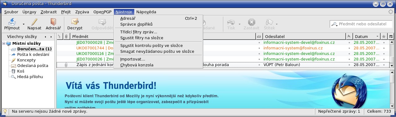 Obrázek 88 Nabídka Nástroje Linux Obrázek 89 Nabídka Nástroje Windows Adresář. Volba otevře okno adresáře. Popis adresáře viz níže. Správce doplňků.