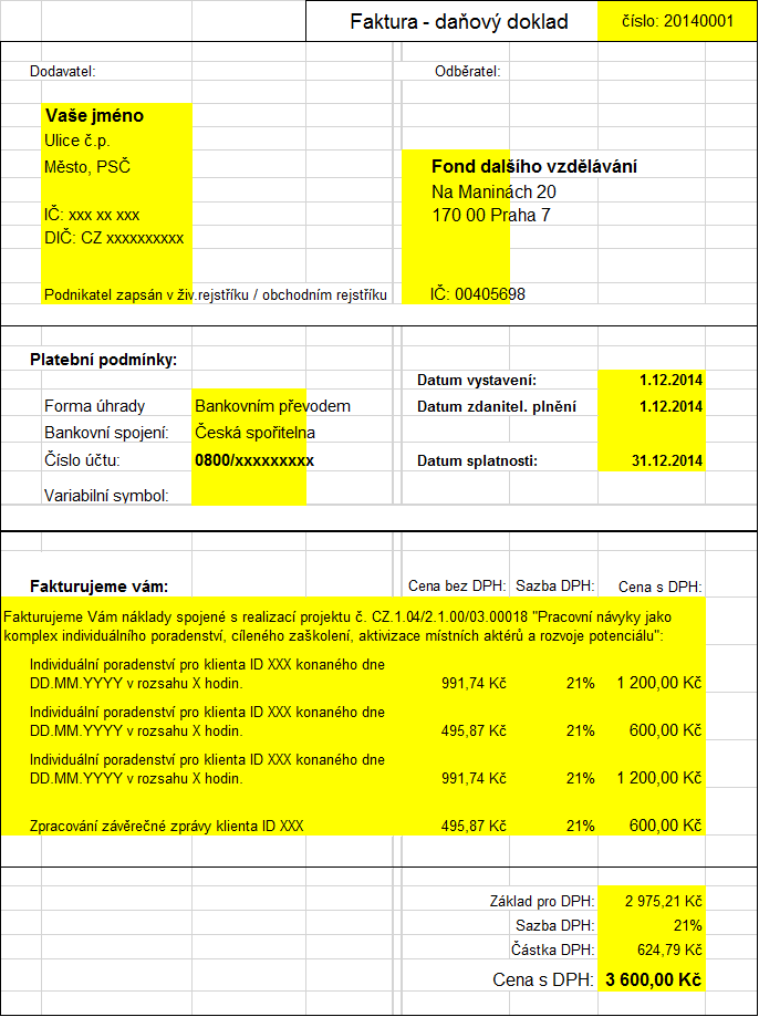 Vzor pro plátce DPH (žlutě označené