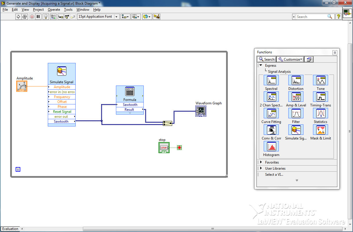 22 Jazyk který LabVIEW používá se nazývá G a je opět založen na paradigmatu dataflow programming. Vývojové prostředí se skládá ze dvou hlavních oken.