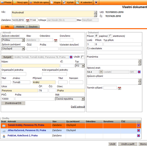 Obr 10: Detail vlastního dokumentu s více zásilkami 14.4.2 Úprava zásilky Zásilky je možné upravovat do chvíle, než jsou předány k odeslání.
