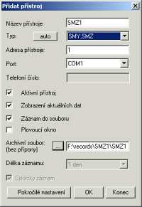 Obr. 23 : Přidaní přístroje do seznamu V dialogu Přidat přístroj zadáme adresu dle nastavení přístroje a určíme port, na kterém je přístroj připojen. (Nejčastěji COM1.