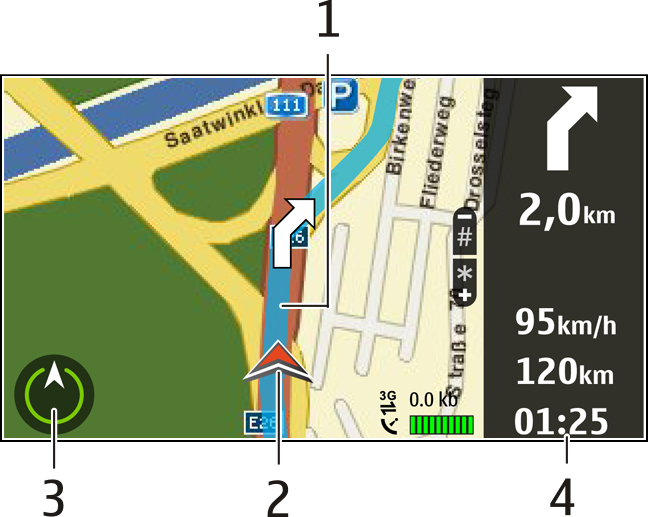 Zobrazení Navigace 1 Trasa 2 Vaše poloha a směr 3 Kompas 4 Informační panel (rychlost, vzdálenost, čas) Získání informací o dopravě a bezpečnosti Informace o událostech v dopravě, pomoc při výběru