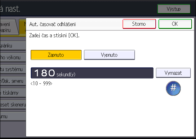 Automatické odhlášení Automatické odhlášení Po úspěšném přihlášení vás zařízení automaticky odhlásí, pokud po určitou dobu nepoužijete ovládací panel. Tato funkce se nazývá "Automatické odhlášení".