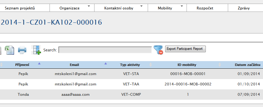 5. Mobility 5.1. Jak vytvořit novou mobilitu? 1. Přihlaste se do Databáze mobility. 2. Klikněte na číslo projektu v přehledu projektů. 3.