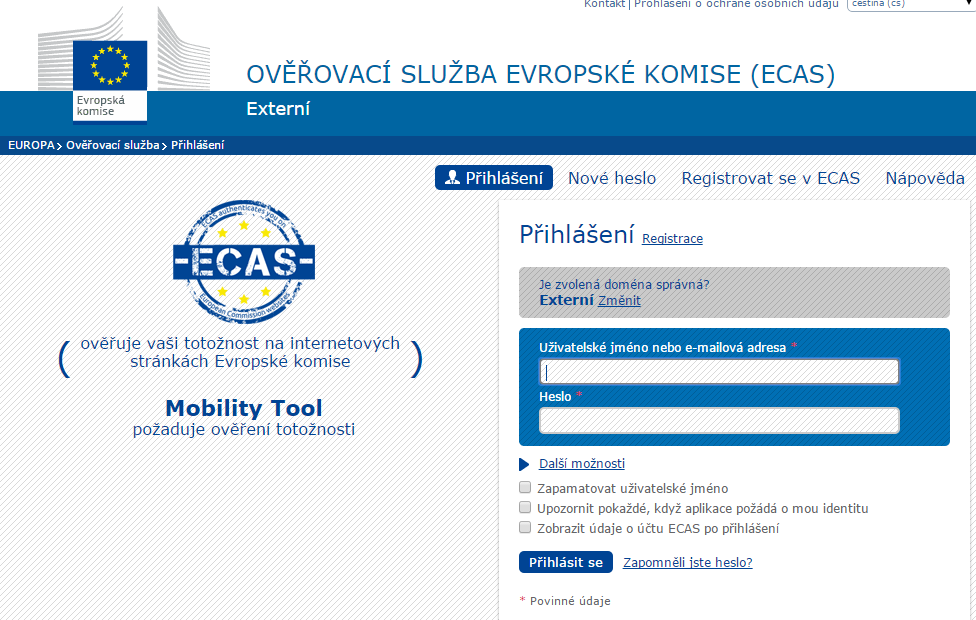 Obrázek 2 Systém ECAS bude chvíli ověřovat vaše přístupové údaje a poté vás nasměruje do Databáze mobility.