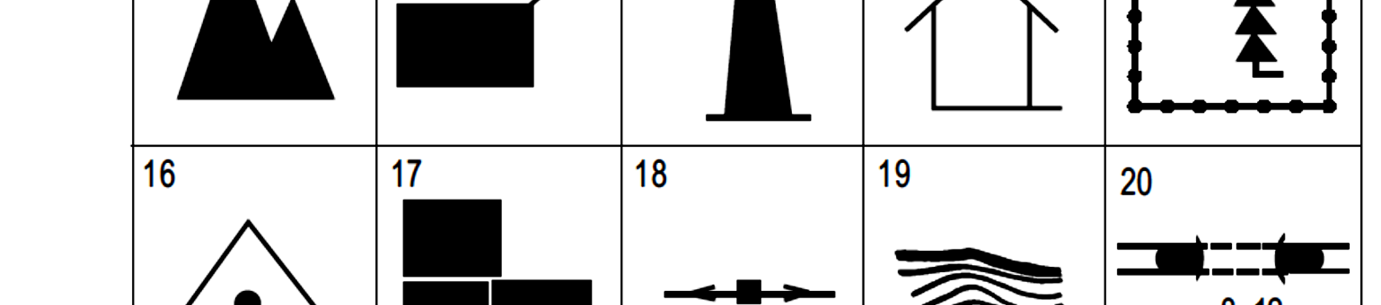 NÁZVY MAPOVÝCH ZNAČEK PRO MLADŠÍ KATEGORII JE URČENO POUZE PRVNÍCH 15 TOPOGR. ZNAČEK. 1. louky 16. trigonometrické body 2. mosty 17. obydlené a neobydlené budovy 3. prameny 18. elektrické vedení 4.