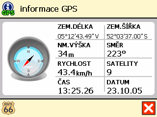 Pro zobrazení obrazovky informace GPS klepněte na část vpravo dole (čísla 9, 10, 11 a 17).