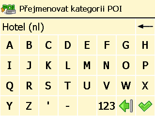 Přejmenovat kategorii POI ❶ V nabídce Hlavní menu klepněte na Zajímavá místa. ❷ Zvolte Údržba kategorie POI. ❸ Zvolte Přejmenovat kategorii POI.