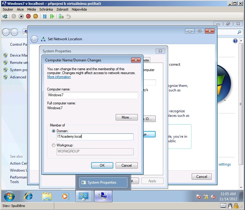 Přiřaďte virtuální stanici Windows 7 do domény ITAcademy.
