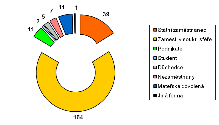 Skladba respondentů dle pracovního uplatnění byla následující. Pojmem student jsem rozuměl respondenta soustavně se připravujícího na budoucí zaměstnání formou denního studia.