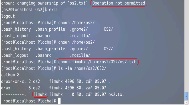 2.8.1. Použijte příkaz su - uživatel. 2.9. Vytvoření složky a souboru vytvořte složku OS2 v domovském adresář uživatele os2 a v ní soubor os2.txt 2.9.1. Nejprve se přesuňte do adresáře /home/os2 a potom zadejte příkaz mkdir OS2.