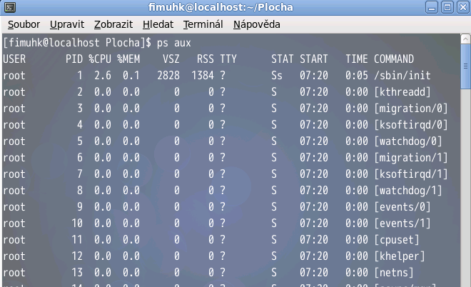 USER ukazuje uživatele, který spustil proces PID ukazuje identifikační číslo procesu. První je vždy výchozí proces init, který startuje všechny následující. Je rodičovský procesem.