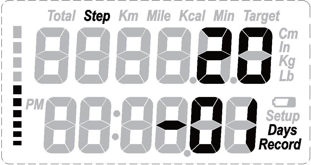 MĚŘENÍ SPOTŘEBOVANÝCH KALORIÍ Pomocí tlačítka MODE zvolte režim Kcal. Pro vynulování kalorií přidržte na 2 vteřiny tlačítko RESET. MĚŘENÍ ČASU Pomocí tlačítka MODE zvolte režim Min.