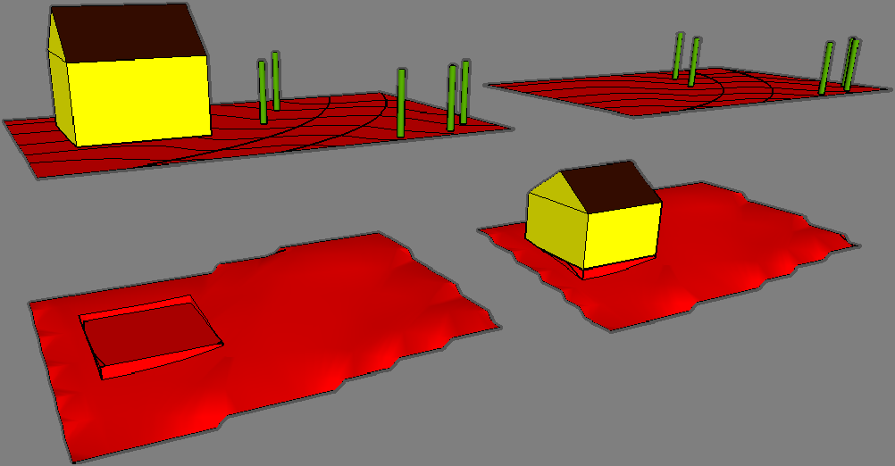 5 SketchUp 5.2.6.3 Umisťování objektů na terén Dalším krokem po vytvoření terénu je umístění objektů např. domů, cest a stromů na terén.