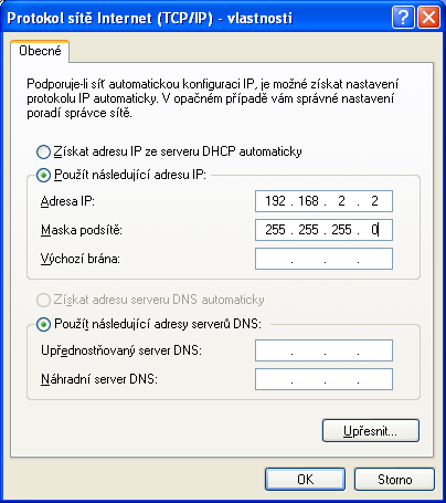 IP Adresa: Vyberte Zadat IP adresu. Zadejte IP adresu a masku dle následujícího příkladu IP Adresa: 192.168.1.3 (jakákoliv IP adresa v rozsahu 192.168.1.2~192.168.1.254 je možná, nenastavujte 192.168.1.1) Maska sítě: 255.