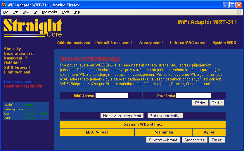 Pokročilá nastavení pro systém WDS/Bridge: Stránka Nastavení WDS/Bridge je dostupná v Bezdrátová část Systém WDS.