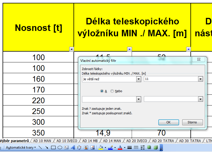 4.4 Výběr vhodného pojízdného jeřábu V této části se bude výběr vhodného jeřábu volit podle jednotlivých parametrů, které jsou uvedeny v programu MS EXCEL.