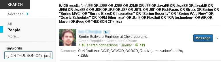 Implicitní vyhledávání Java vývojáři, kteří neuvádí na svém LinkedIn profilu termín Java.