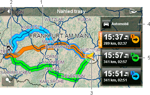 8.3 Mapa v režimu Náhled trasy Zadali jste cíl a klepli na tlačítko Spustit navigaci. - nebo - Naplánovali nebo načetli jste trasu a klepli na Zobrazit trasu. Mapa se otevře v režimu Náhled trasy.