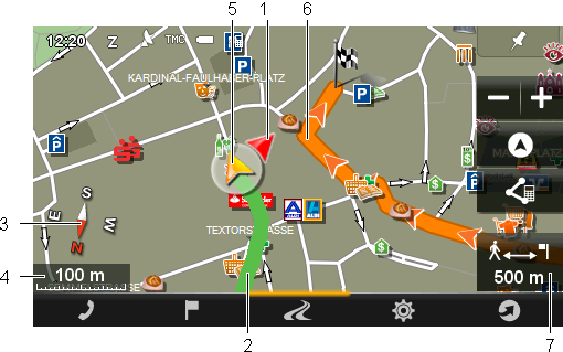 1 Zobrazuje se směr k vašemu cíli (červený trojúhelník). 2 Trasa, kterou jste ušli, je vyznačena v zelené barvě. 3 Kompas ukazuje sever. 4 Zde se zobrazuje měřítko mapového výřezu na displeji.