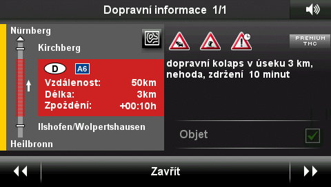 9.7.5 Zobrazení podrobností k dopravní informaci V okně DOPRAVA klepněte na některou dopravní informaci. Otevře se okno DOPRAVNÍ INFORMACE. Na levé polovině okna se zobrazuje dotčený úsek trasy.