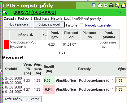 Úprava výměry parcel Má parcela po jejím zadání před názvem červený čtvereček?