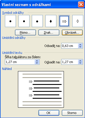 3.3.2 Úprava odsazení seznamu a vlastní nastavení odrážek Pokud budete chtít upravit velikost odsazení a další vzhled odrážek, můžete tak učinit v dialogovém okně Odrážky a číslování - volbou Vlastní.