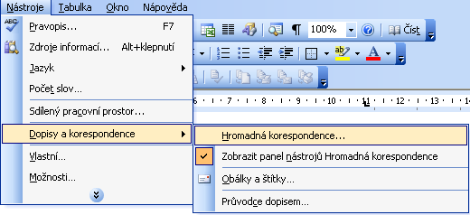 11.2 Vytvoření hromadné korespondence pomocí průvodce Pro hromadnou korespondenci existuje PRŮVODCE, pomocník vedoucí krok za krokem pomocí podoken úloh zobrazených v pravé části okna. 11.2.1 Postup: 1.