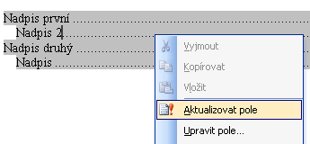 V dialogovém okně nastavte zejména počet úrovní (více úrovní může vygenerovaný obsah znepřehlednit) a vodící znak, popř. jiná nastavení. Klepněte na tlačítko OK. Obsah bude vložen. 15