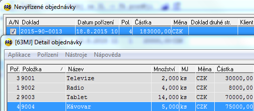 5 Modul zásoby - Objednávky Klepnutím na tlačítko lze zobrazit obsah objednávky Tlačítko Konec Stiskneme tlačítko OK Zobrazí se okno objednaných položek o Stav aktuální stav zboží na skladě o Disp.