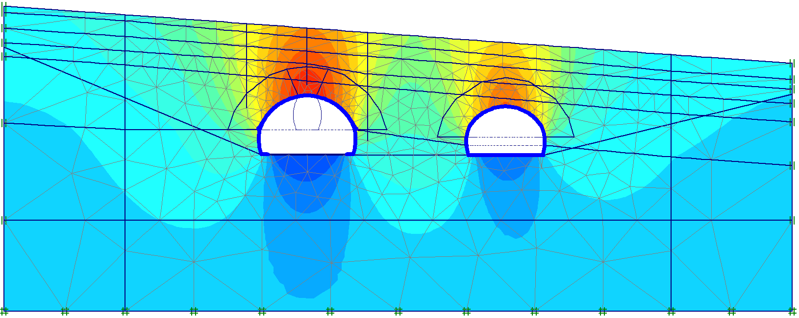 Tabulka 2: Materiálové parametry ostění ostění EA [kn/m] EI [knm 2 /m] d [m] w [kn/m/m] ν [-] štola i tunel 4500000 33750 0,30 7,5 0,2 Ve výpočtu se uvažoval vliv ražby tunelu na hladinu podzemní