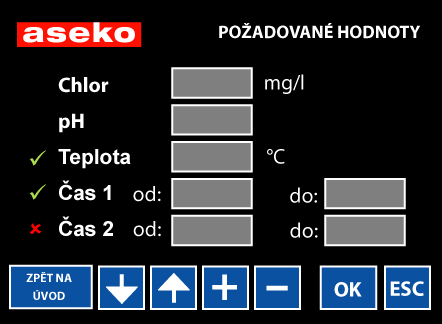 Mezi oběma okny se pohybujeme pomocí vertikálních šipek, číselné údaje vkládáme tlačítky + a -. Chlorační metodu vybereme tak, že u ní stiskneme červené X, které se změní na zelenou značku.