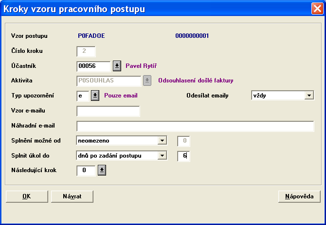 Poslední krok zde má vždy hodnotu nula! V okamžiku, kdy máme nastavené a kompletní všechny kroky vzoru pracovního postupu, můžeme pracovní postup zpřístupnit.