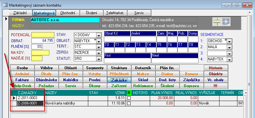 14 5 Novinková dokumentace Soft-4-Sale G5.48A Kontakty Marketingová karta firmy Marketingová karta firmy, záložka "Zakázky" zobrazuje nyní i takové zakázky, na kterých je firma uvedena jako "Uživatel.