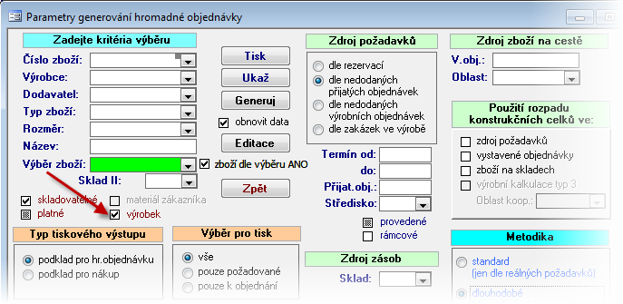 Zakázkový systém 9.1 37 Vystavené objednávky Hromadná objednávka Do hromadné objednávky byla přidána filtrace zboží podle příznaku "výrobek".