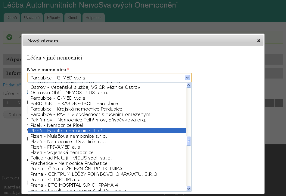 V nově otevřeném okně je potřeba z roletky vybrat Název nemocnice požadovanou nemocnici, ve které předchozí léčba probíhala.