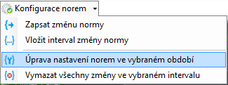 Volba Úprava nastavení norem ve vybraném období: V případě, že zadáte pomocí předchozí volby interval se změnou normy, lze tuto změnu libovolně editovat.