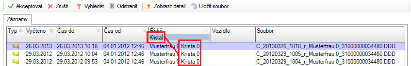 4. Seznam vyčtení karet Seznam vyčtených dat z karet řidičů. Horní lišta tlačítek: Akceptovat Zrušit Vyhledat Odstranit Zobrazit detail Potvrzení a uložení údajů. Ukončení práce bez uložení změn.